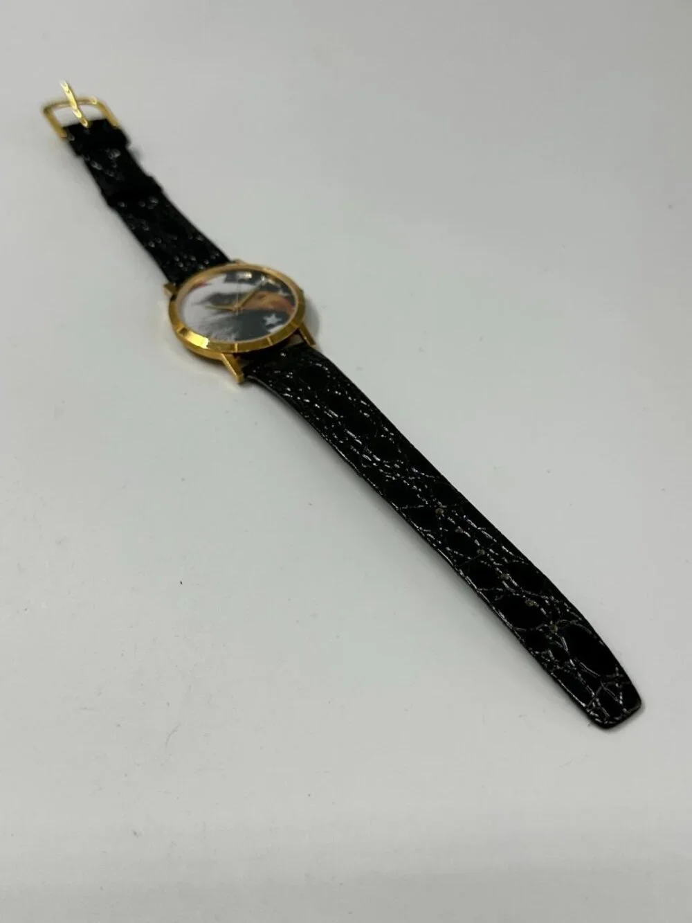 Bald Eagle Watch Men Gold Tone American Flag Black Leather Band New Battery 9.5